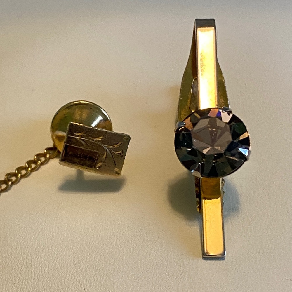 Gold Tie Clip Black Gemstone & Gold Tie Pin for The Sharp Dressed Man!!